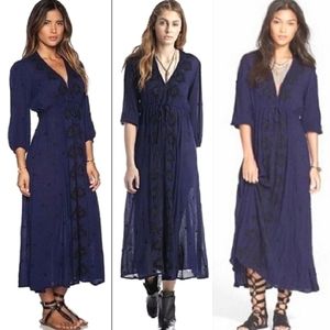 Free People Fable Embroidered Navy Maxi Dress XS